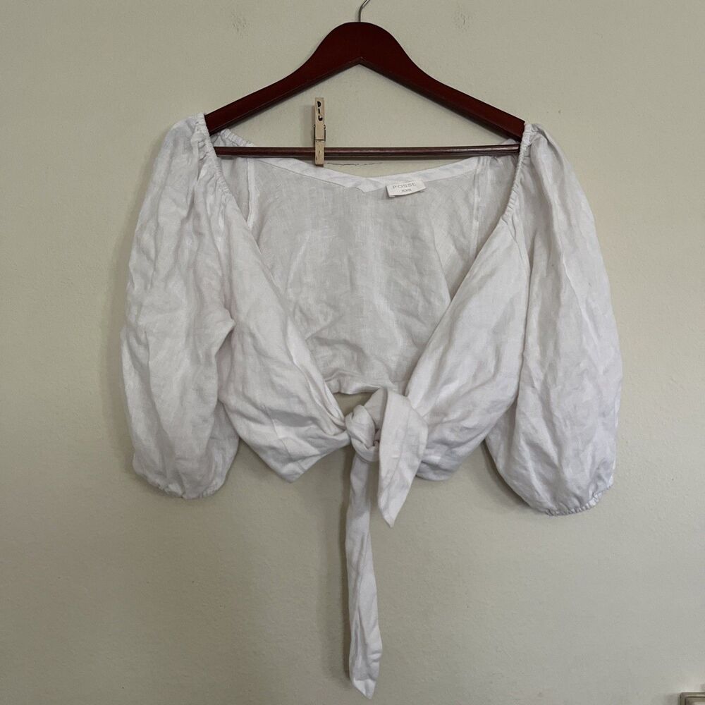 Posse Mia Linen Top SZ XXS White Women's Casual Front Ties Boho Crop Blouse Top - Picture 1 of 9